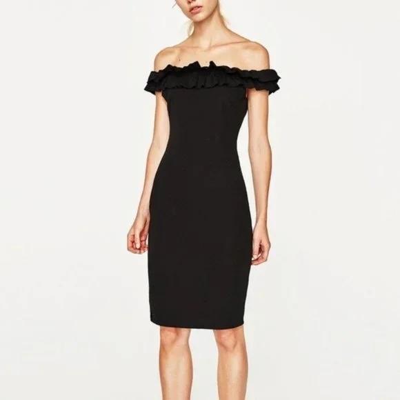 Zara | Dresses | Zara Black Off Shoulder Ruffle Dress Sz S | Poshmark
